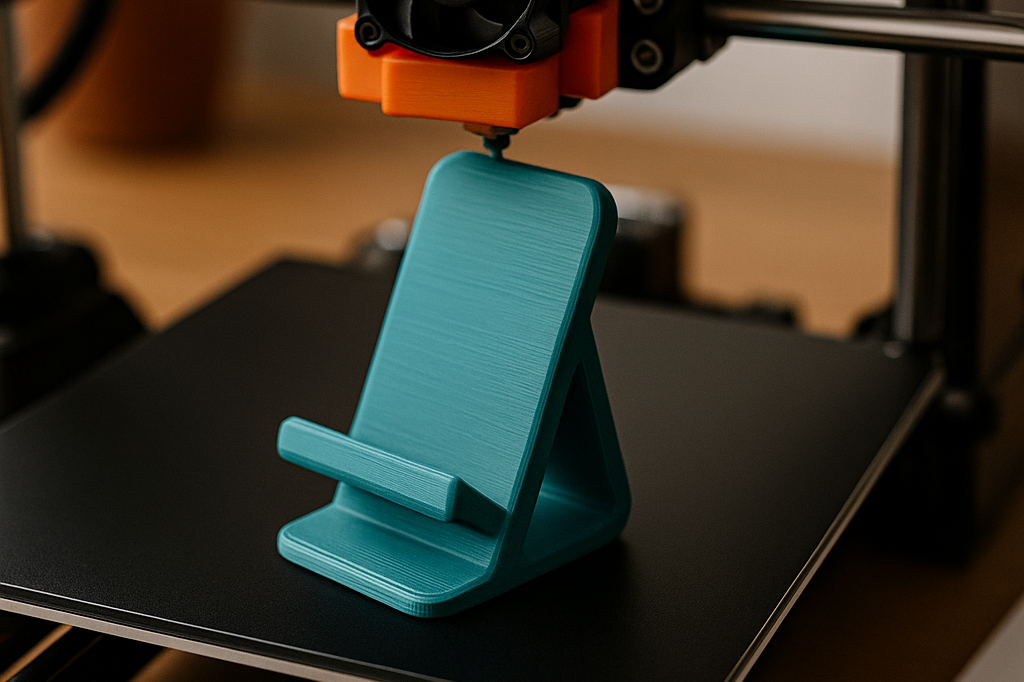 Een 3D-printer in actie met een turquoise object dat wordt geprint.